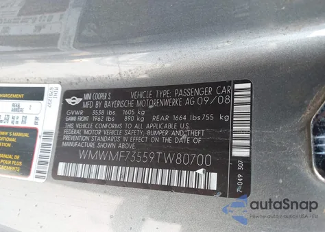 2009 Mini Cooper S z USA, uszkodzony, nr VIN WMWMF73559TW80700